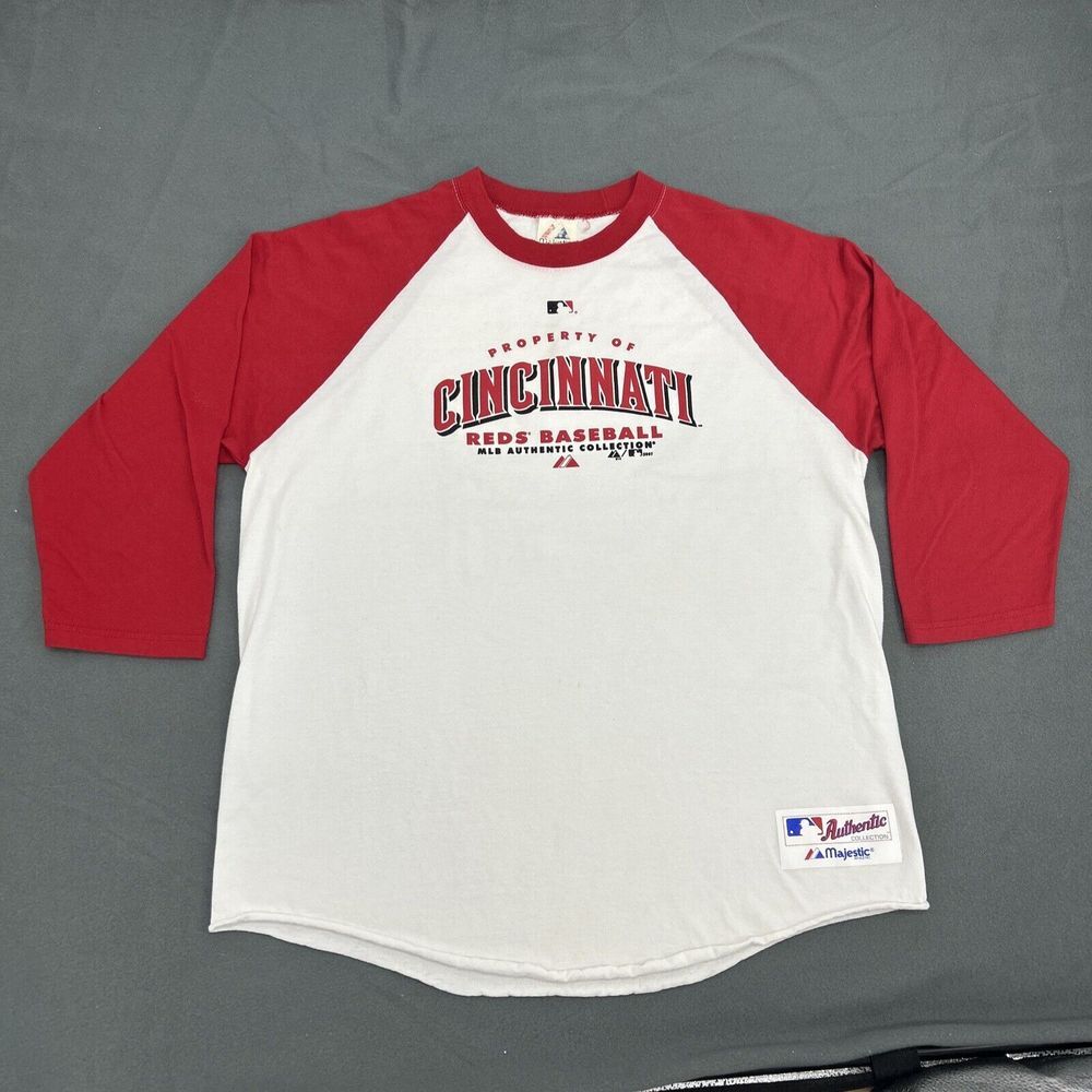 Majestic Cincinnati Reds White and Red Raglan Long Sleeve Tee